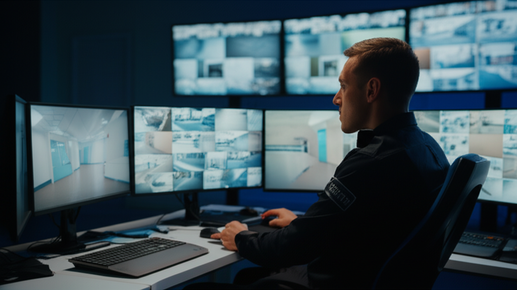 Modern security control room with CCTV monitoring systems and surveillance technology